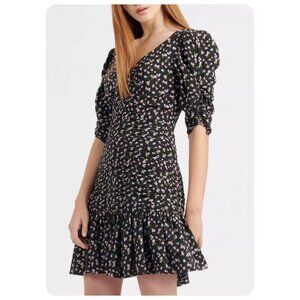Tanya Taylor Black Floral Pansy Puff Sleeve V-Neck Ruched Flounce Silk Dress